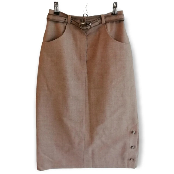 Vintage Newport Pure Virgin Wool Camel Tan Midi Skirt with Belt and Pockets XS - Picture 1 of 16